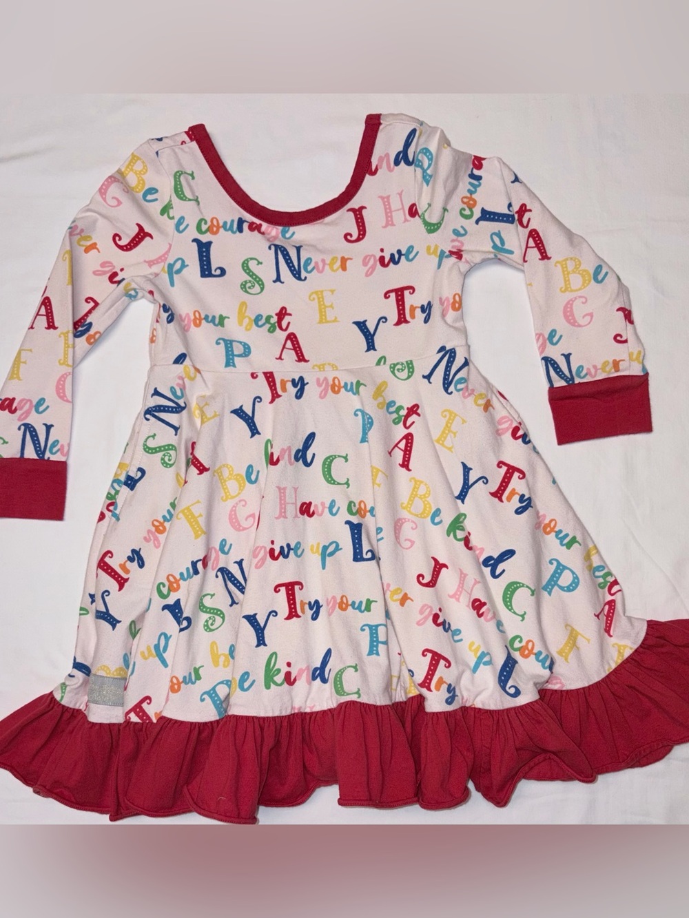 Eleanor Rose pale pink dress with allover alphabet print red trim sz 4 EUC